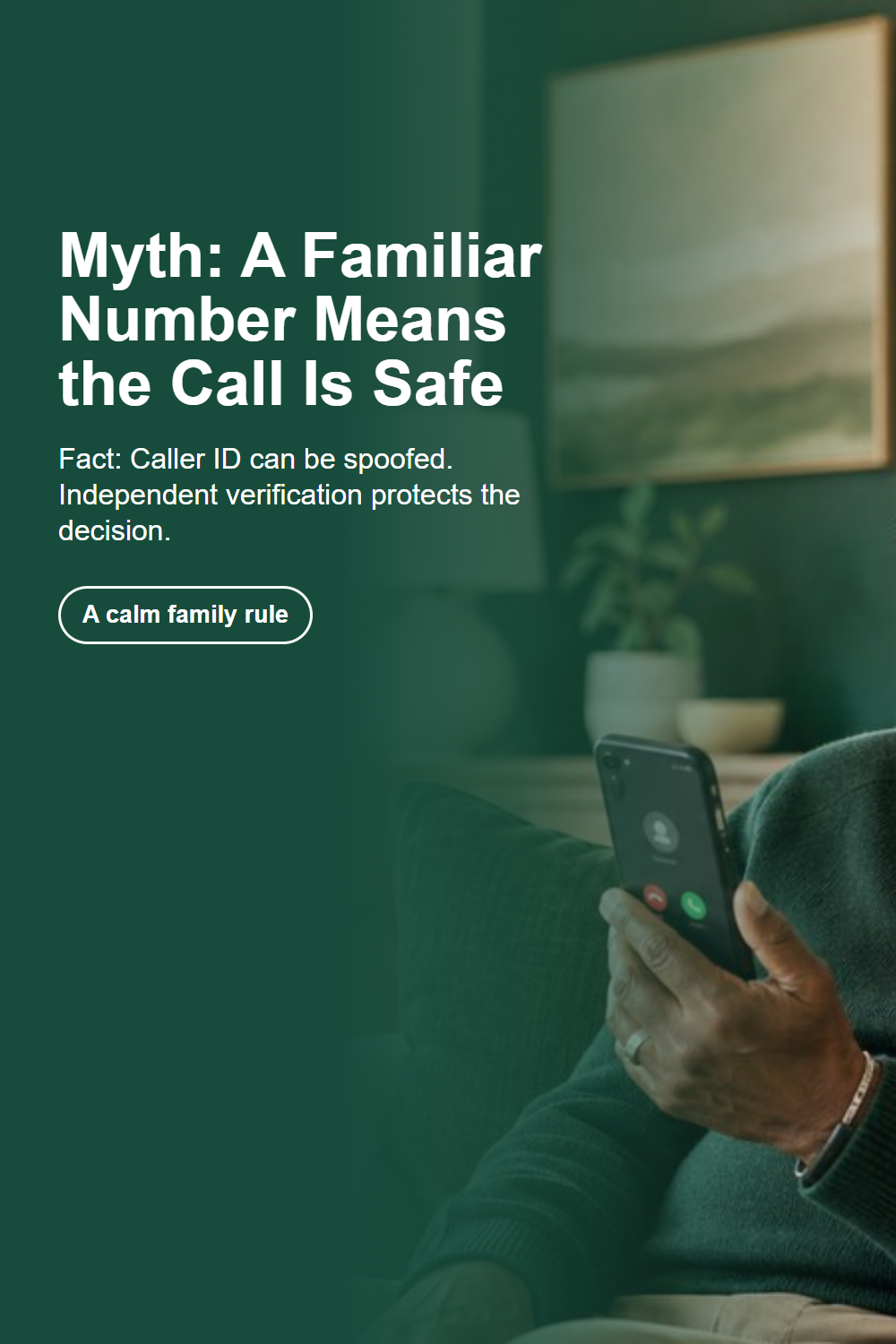 Myth-versus-fact graphic beside an older man calmly checking a smartphone with family support